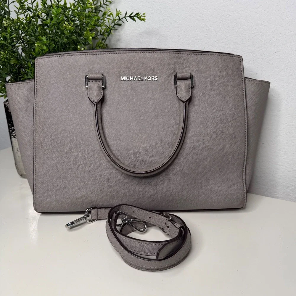 Michael Kors Selma Satchel Women Grey Saffiano Leather Professional Chic Large‎